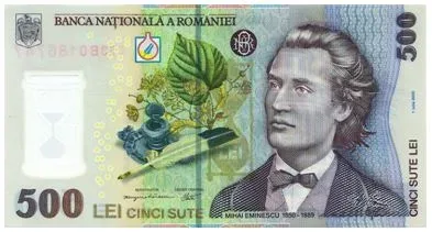 Bancnotă de 500 lei cu Mihai Eminescu pe fond colorat.