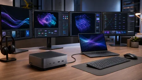 Mini PC performant cu suport pentru patru ecrane 4K și Thunderbolt Share.