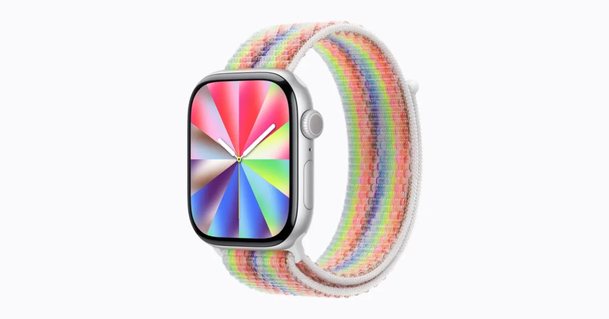 Brățara Sport Loop în culori vibrante, asociată cu Apple Watch.