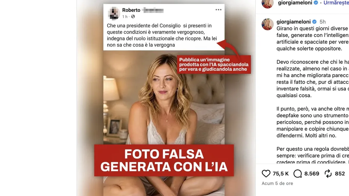 Giorgia Meloni avertizează despre riscurile deepfake-urilor în opinia publică.
