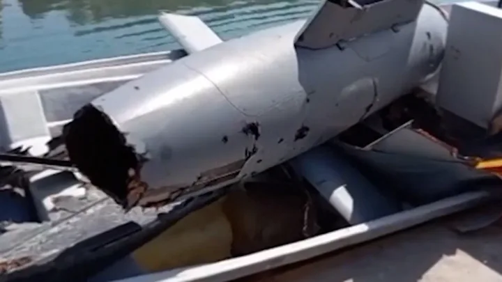 Epava unei drone, despre care se afirmă că este americană, pe malul apei.