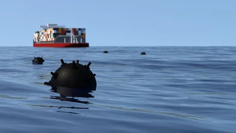 Mine marine sub apă, cu un vas de marfă în fundal, pe o apă calmă.