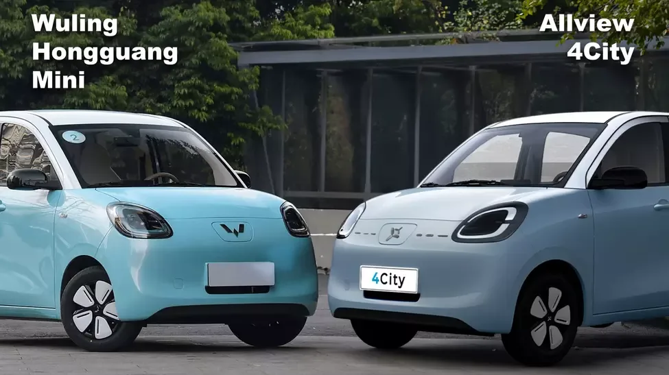 Compararea modelelor Allview 4City și Wuling Hongguang Mini în context urban.