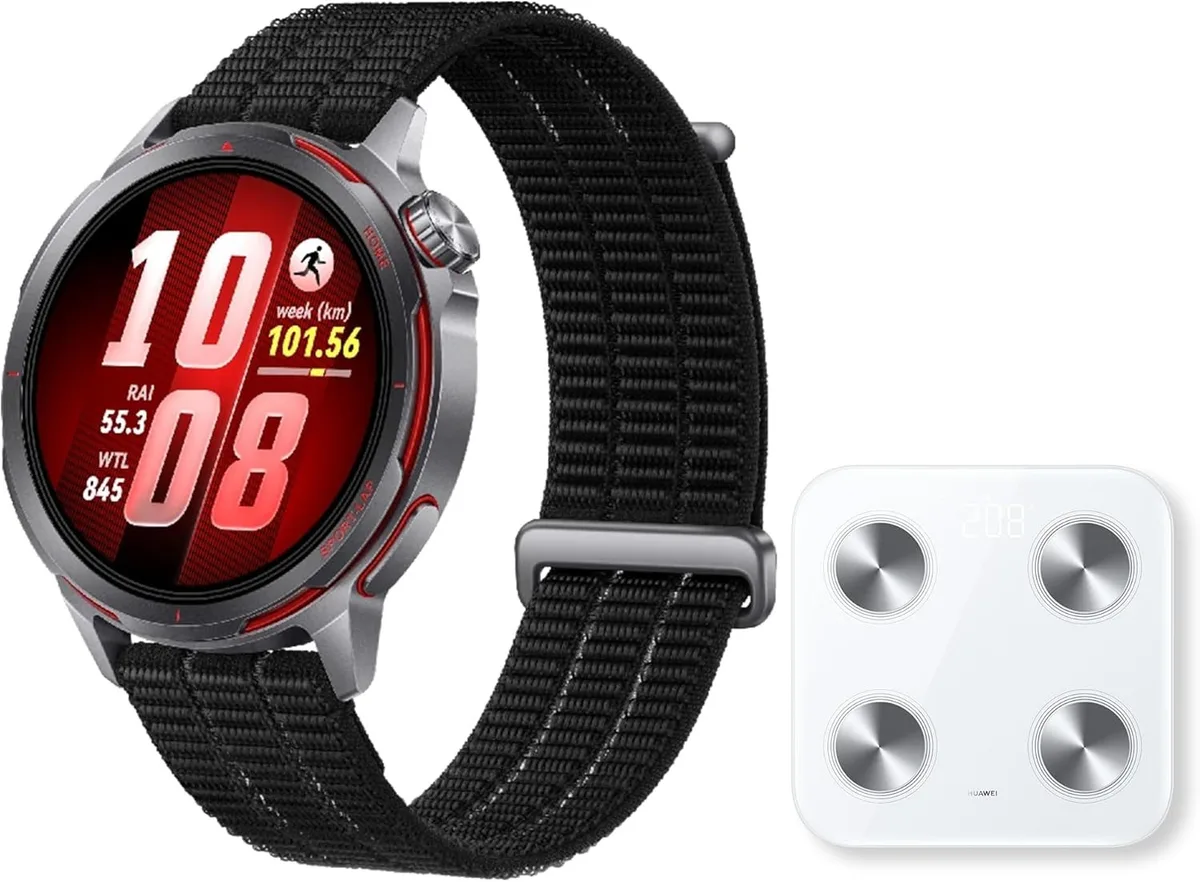 Huawei Watch GT Runner 2 alături de cântarul smart, ideal pentru antrenamente.