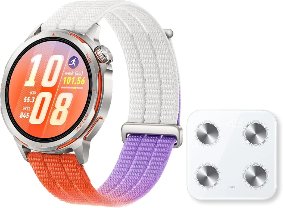Ceas Huawei Watch GT Runner 2 cu curea albă și accesorii colorate pentru sport.