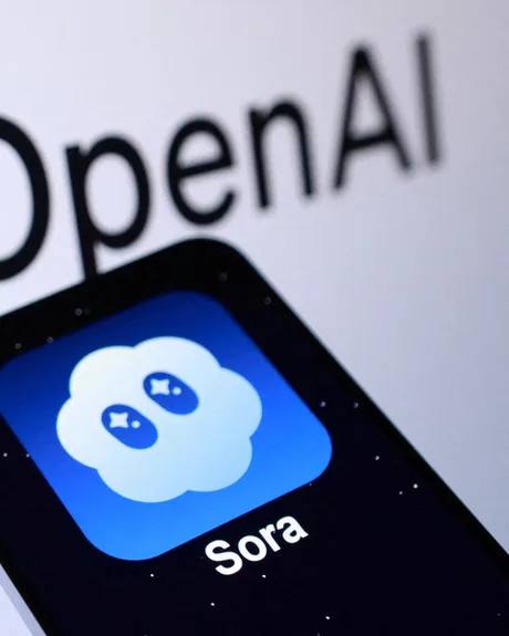 Logo-ul aplicației Sora pe un fundal cu sigla OpenAI