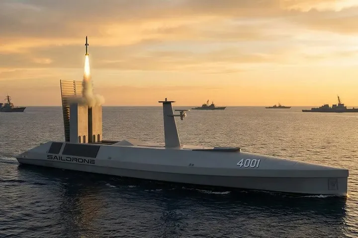 Dronă maritimă autonomă lansând rachete Tomahawk pe fundalul mării la apus.