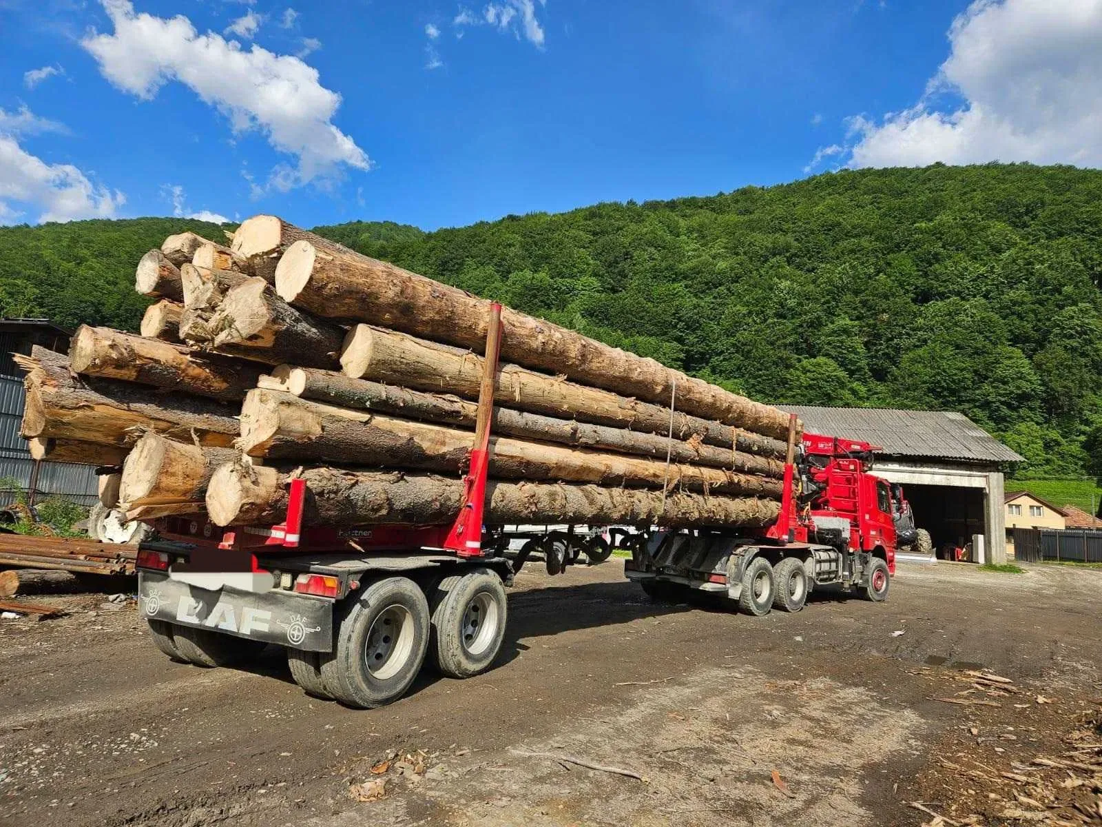Transport de lemn pe un camion în zona montană din România.