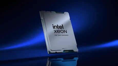 Procesor Intel Xeon pe fundal albastru, simbolizând inovația tehnologică.