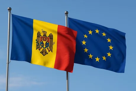 Steagurile Republicii Moldova și Uniunii Europene fluturând împreună.