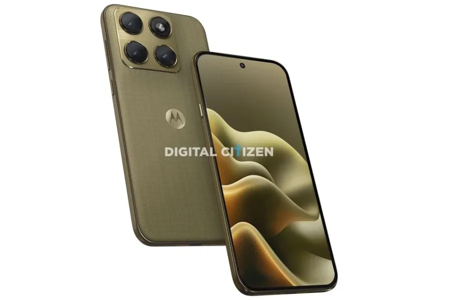 Telefon Motorola Moto Edge 2026 cu finisaj aurii și cameră triplă pe spate.