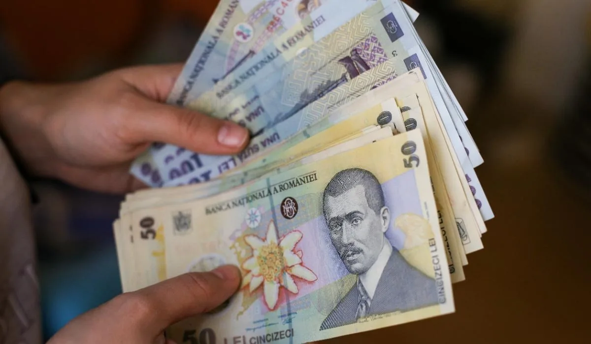 Bancnote românești în mână, simbolizând salariile restante.