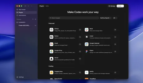 Interfața aplicației Codex cu opțiuni pentru pluginuri și integrarea aplicațiilor.