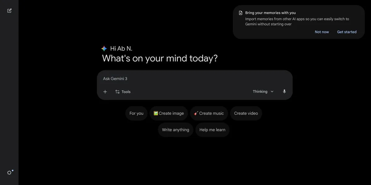 Interfața Gemini 3.1 cu opțiuni de import conversații și memorie.