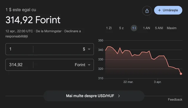 Forintul se întărește, atingând valori sub 370 față de euro.