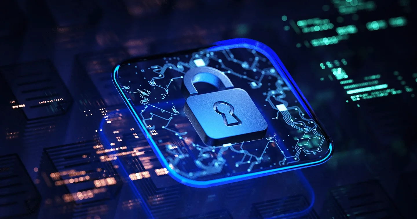Simbol de securitate digitală cu un lacăt pe fundal tehnologic.