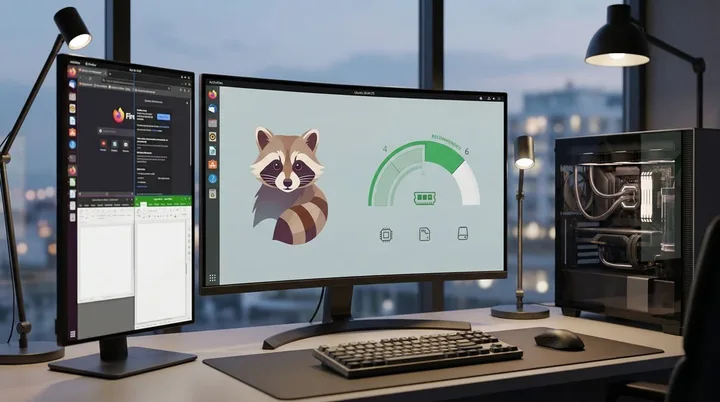 Ecran de computer cu grafică animată și un rac pe fundal.