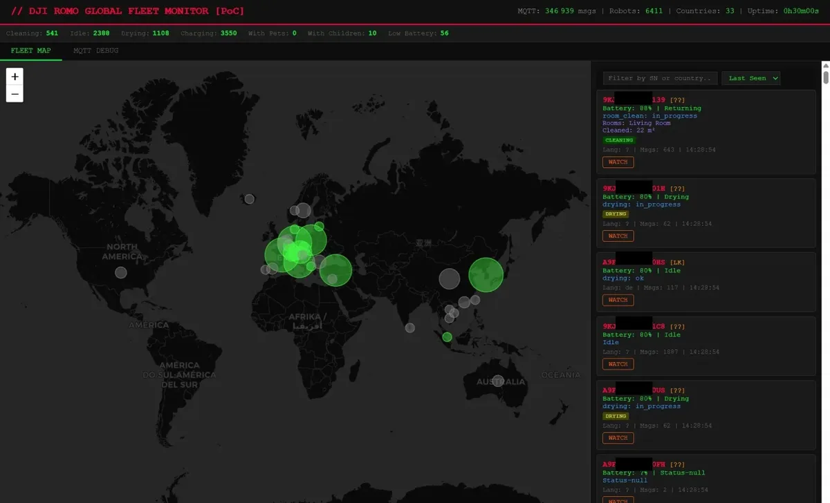 Harta globală cu dispozitive afectate de breșa de securitate DJI Romo.