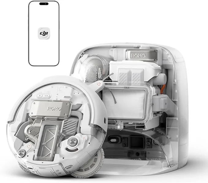 Aspiratorul robot DJI Romo și aplicația mobilă asociată.