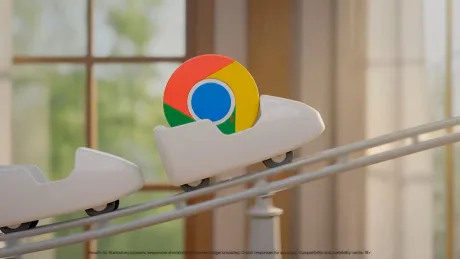 Logo-ul Google Chrome pe un tren de roller coaster.
