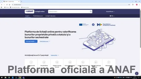 Interfața platformei eLicitatiiANAF pentru licitații online de bunuri sechestrate.