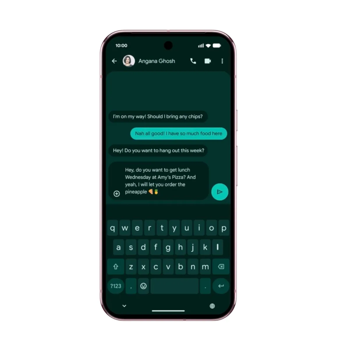 Tastatura Gboard cu funcția de dictare AI Rambler activată pe un telefon mobil.
