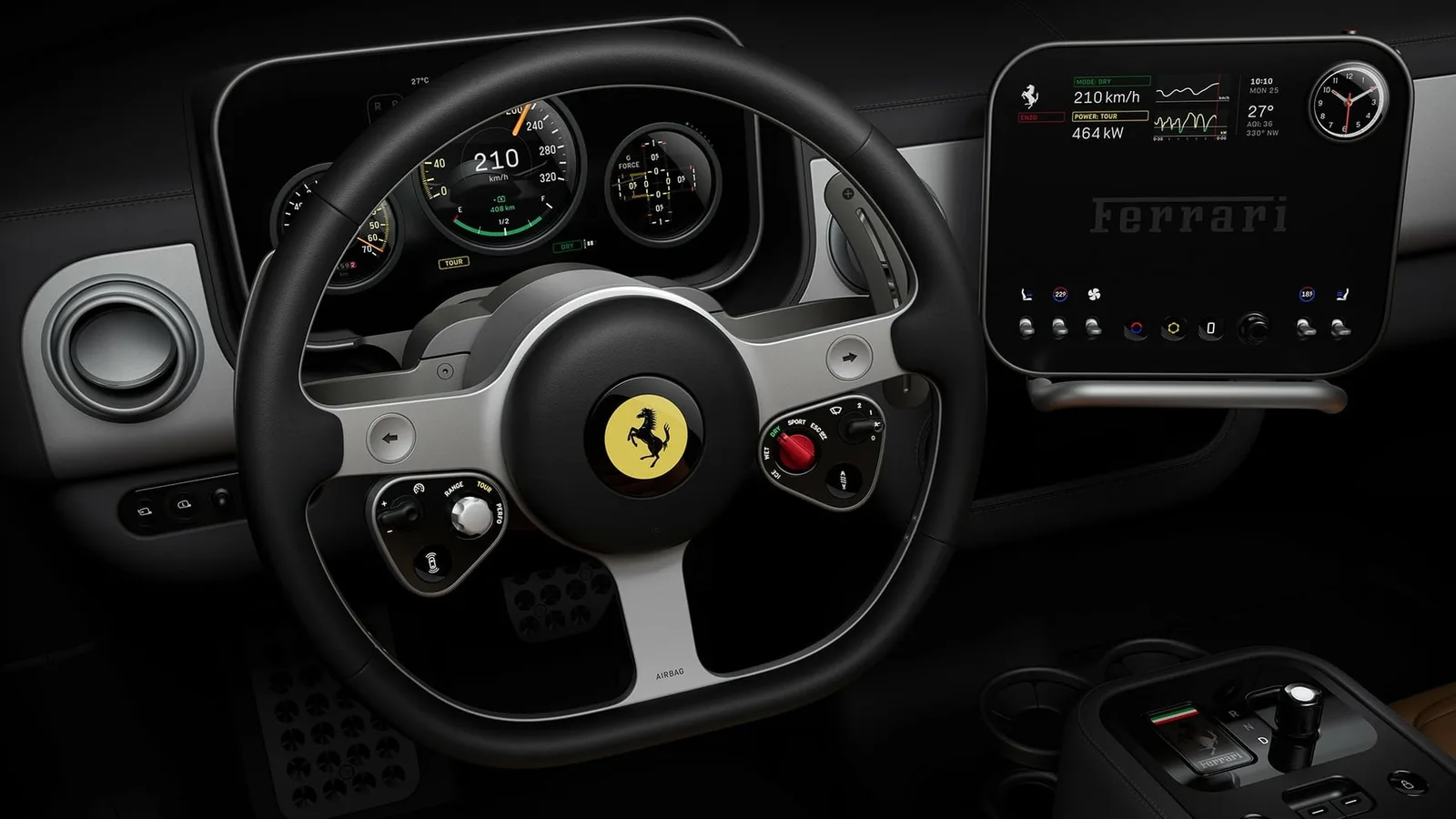 Interiorul sofisticat al modelului electric Ferrari Luce, cu detalii moderne.