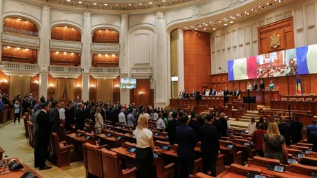 Sesiune în Parlamentul României, cu participanți în sală și ecran mare.