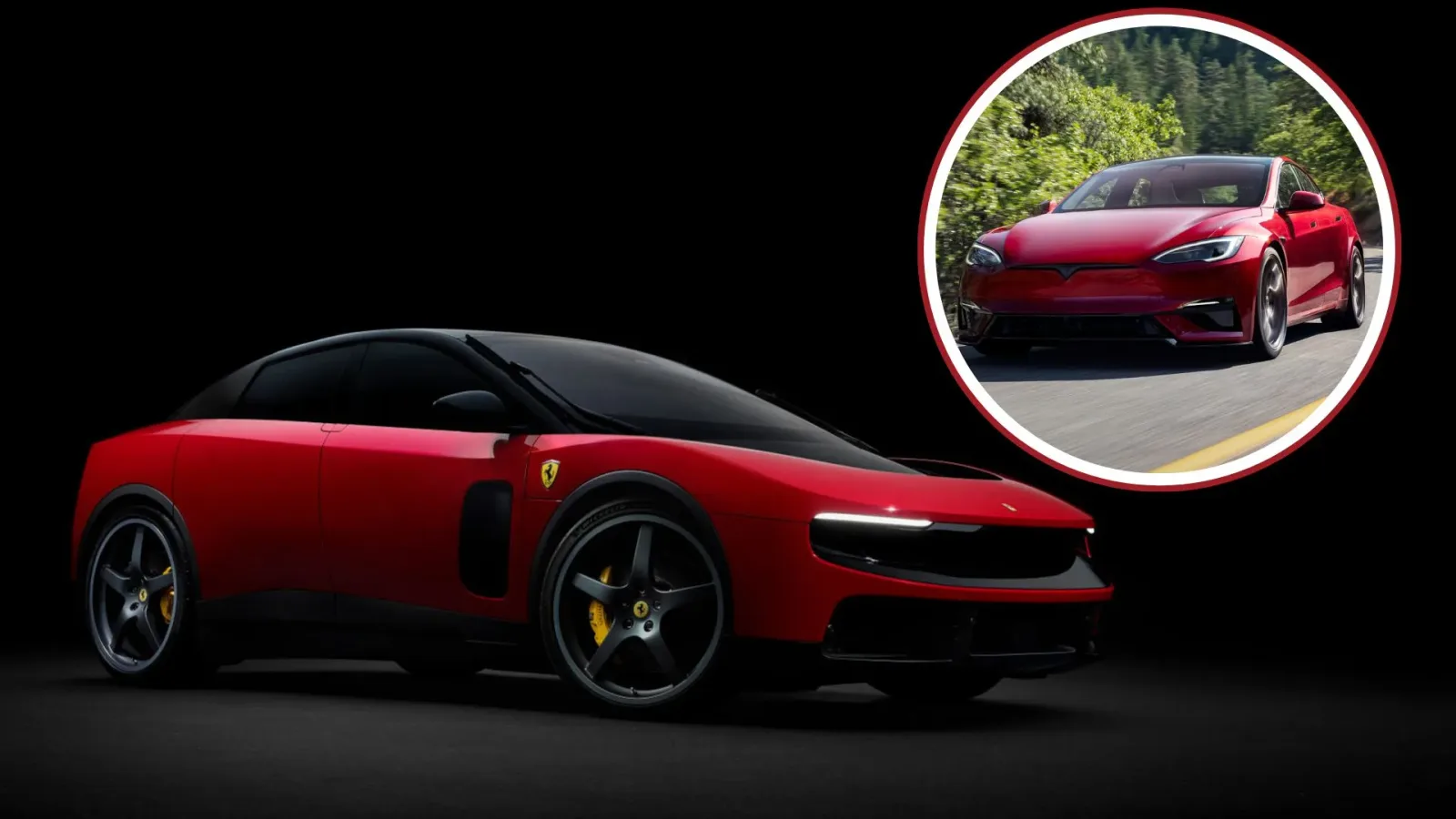 Compararea performanței între Tesla Model S Plaid și Ferrari Luce pe fundal întunecat.