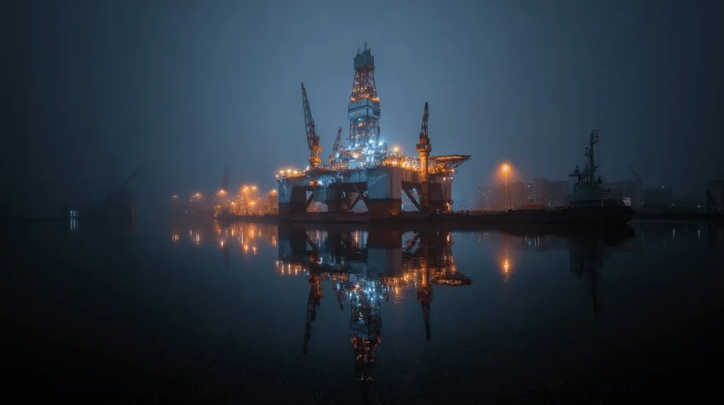 Platformă de foraj petrolier iluminată pe timp de noapte.