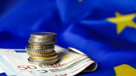 Bancnote și monede euro pe fundalul steagului Uniunii Europene.