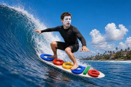 Un surfer pe o vală mare, cu un logo Google pe placă.