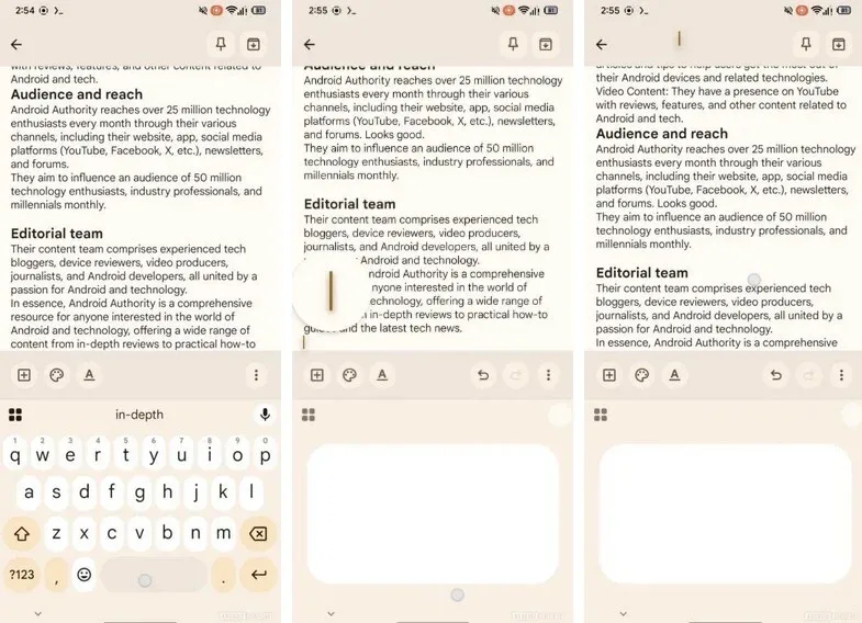 Interfața Gboard cu noul mod Cursor activat pe un telefon Android.