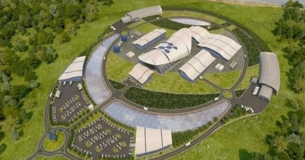 Viziune aeriană a proiectului SMR de la Doicești, evidențiind infrastructura și peisajul înconjurător.