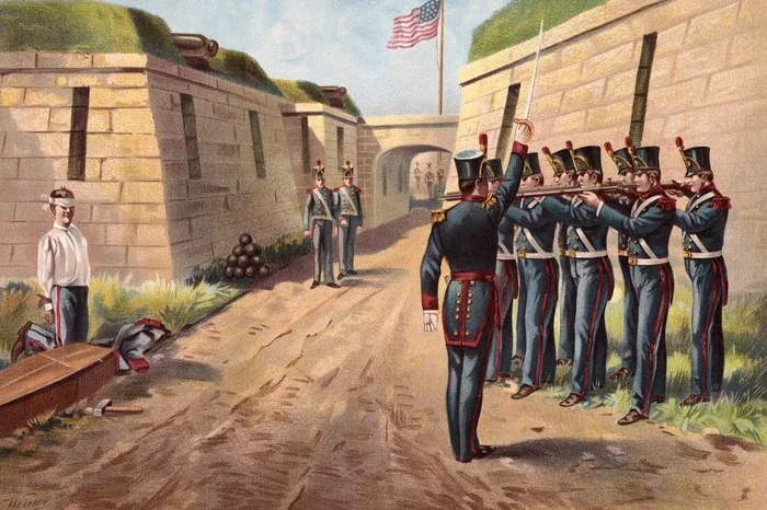 Soldați pregătiți să execute o pedeapsă capitală prin pluton.