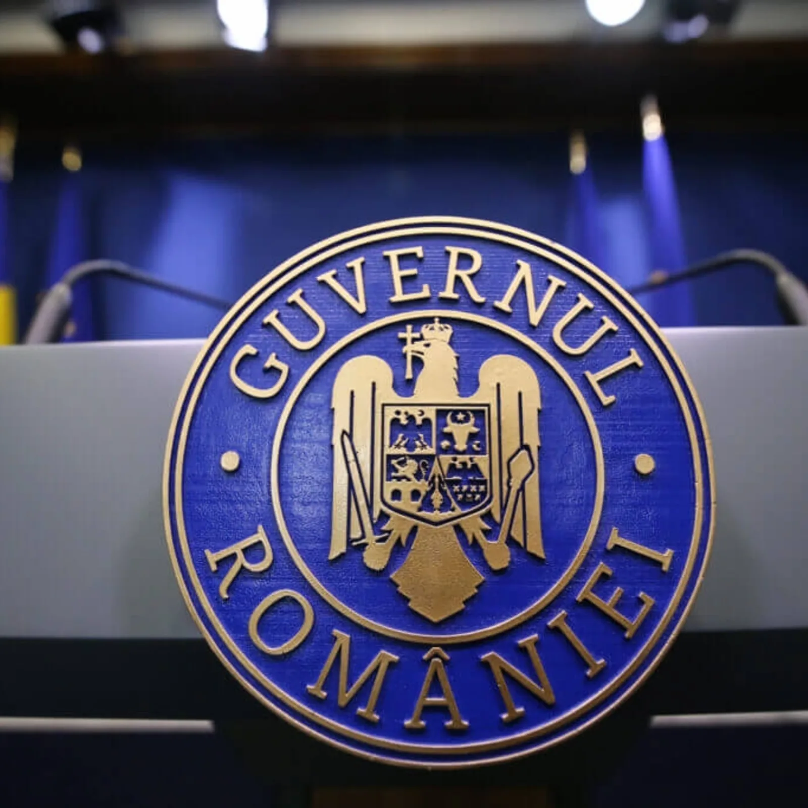 Sigla Guvernului României pe un fundal albastru, simbol al autorității.