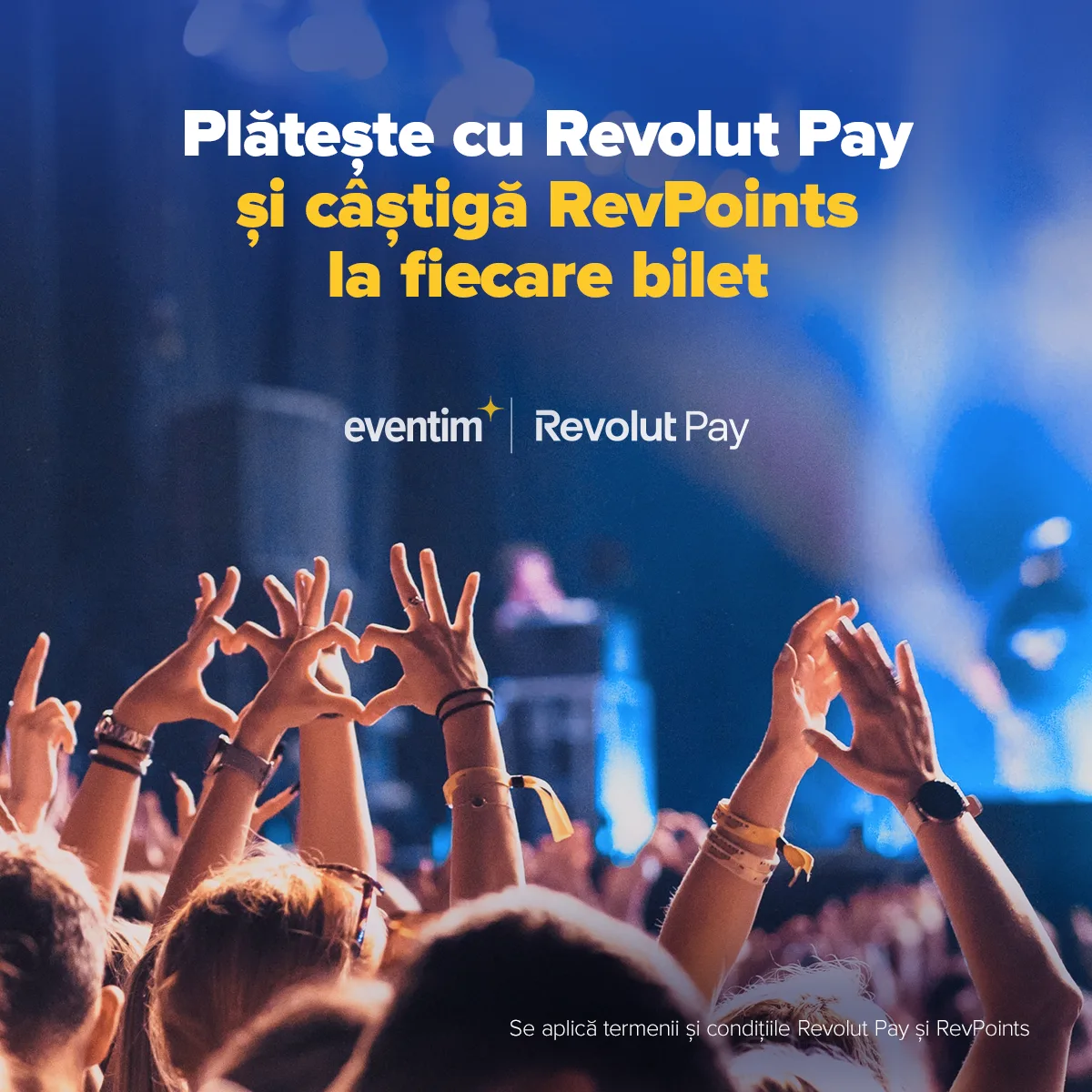 Utilizatori bucurându-se de evenimente, plătind cu Revolut Pay.