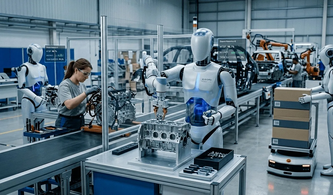 Roboți umanoizi Xiaomi în acțiune pe linia de producție auto, asamblând componente.
