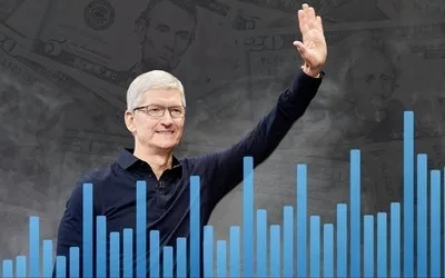 Tim Cook salutând în fața unui grafic financiar ascendent.