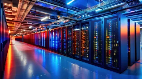 Centre de date moderne cu echipamente tehnologice avansate și iluminare colorată.
