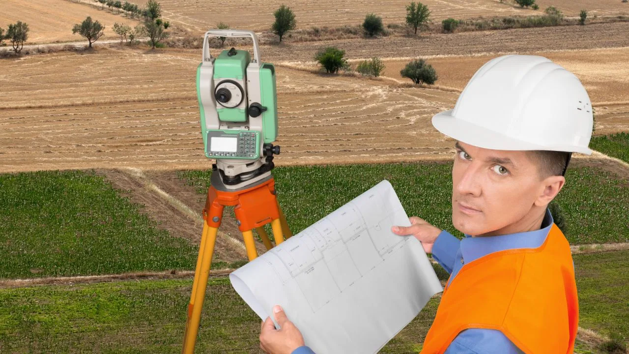 Specialist cadastral verificând măsurătorile pe teren agricol.