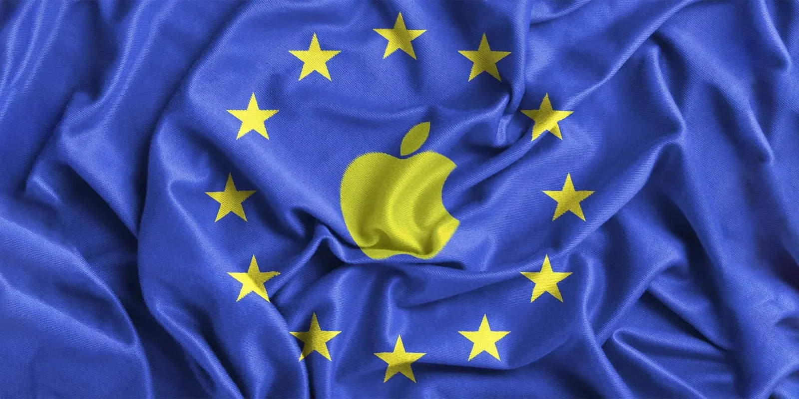 Steag european cu logo Apple, simbolizând reglementările digitale.