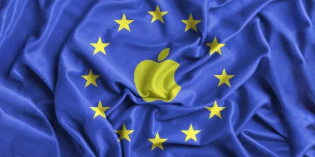 Steag european cu logo Apple, simbolizând reglementările digitale.