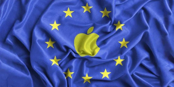 Steag european cu logo Apple, simbolizând reglementările digitale.