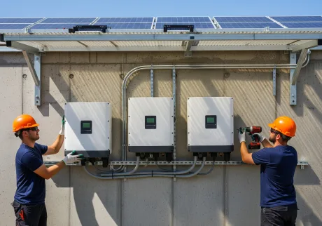 Tehnicieni instalând echipamente pentru energie solară pe un perete.