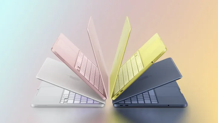 MacBook Neo în culori variate, evidențiind designul modern și atractiv.