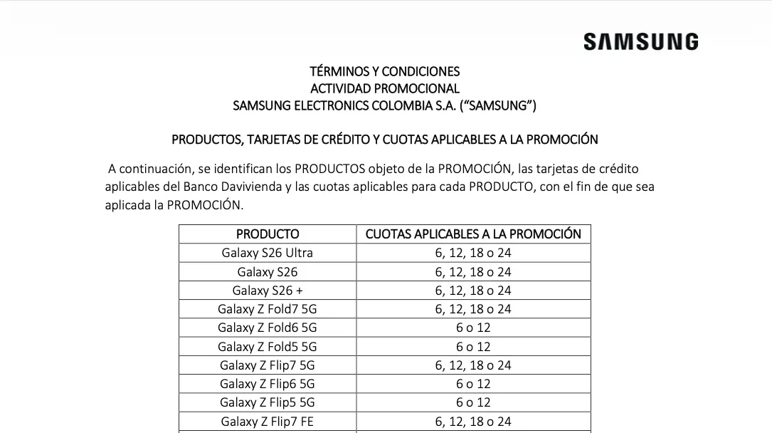 Document oficial Samsung cu modelele Galaxy S26 disponibile în promoție