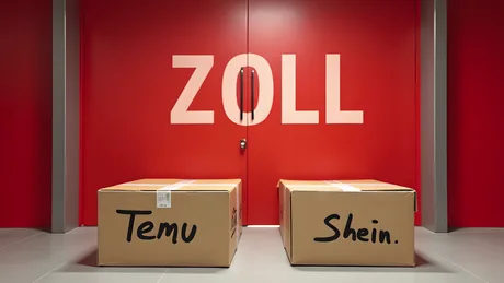 Două colete cu denumirile Temu și Shein pe fundal roșu.