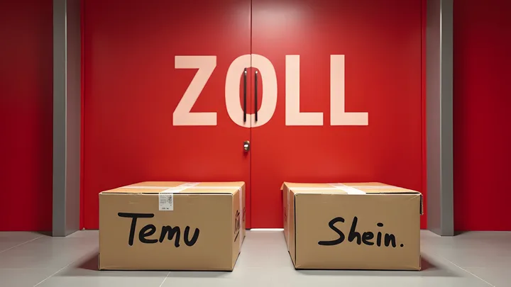 Două colete cu denumirile Temu și Shein pe fundal roșu.