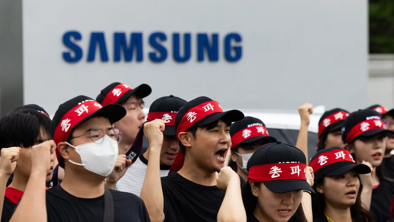 Angajați Samsung protestând pentru bonusuri anuale garantate și condiții mai bune.